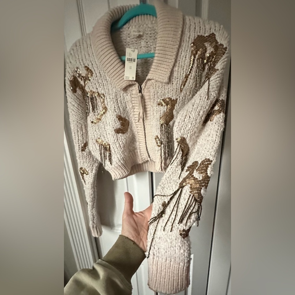 RARE ANTHROPOLOGIE NWT Sequin Cropped Cardigan Sweaterin Neutral-Size XS - Picture 10 of 13